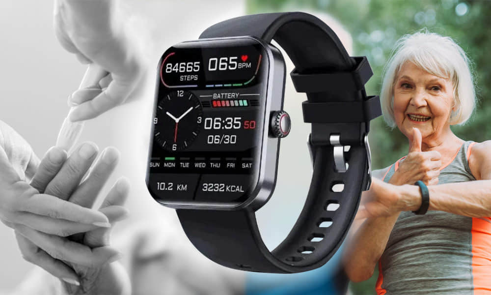 Campaign collage of a fitness watch next to fingerstick photos. Advertising image, not a clinical comparison.